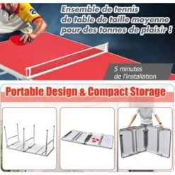 RELAX4LIFE Table De Ping-Pong Pliable Avec 2 Raquettes, Table De Tennis Portable Avec 2 Balles Et Filet Pour Intérieur/Extérieur, Armature En Alu Et 6 Pieds Antidérapants, 152X76X76CM, Rouge -Pas Cher Clair Jardin Magasin 64129678 4