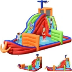 GOPLUS Château Gonflable Bateau Pirate, Aire De Jeux Gonflable Aquatique Avec Zone D’Escalade, Toboggan, Pistolets A Eau, Accessoires Riches, Pour Jardin, Cour, Plage 460 X 310 X 290 Cm