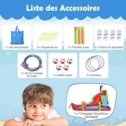 GOPLUS Château Gonflable Bateau Pirate, Aire De Jeux Gonflable Aquatique Avec Zone D’Escalade, Toboggan, Pistolets A Eau, Accessoires Riches, Pour Jardin, Cour, Plage 460 X 310 X 290 Cm -Pas Cher Clair Jardin Magasin 64155953 5