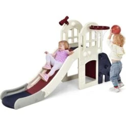 COSTWAY Toboggan 6 En 1 Pour Enfant - Glisse De 140 CM - Avec Panier De Basket, Escalade, Lancer D'Anneaux Et Télescope,Toboggan Intérieure,Aire De Jeux Extérieure 3-8 Ans, Bleu