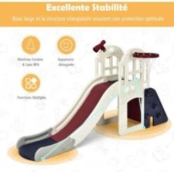 COSTWAY Toboggan 6 En 1 Pour Enfant - Glisse De 140 CM - Avec Panier De Basket, Escalade, Lancer D'Anneaux Et Télescope,Toboggan Intérieure,Aire De Jeux Extérieure 3-8 Ans, Bleu -Pas Cher Clair Jardin Magasin 68609727 5