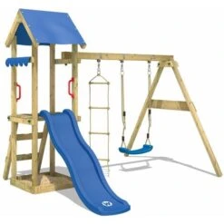 WICKEY Aire De Jeux Portique Bois TinyCabin Avec Balançoire Et Toboggan Bleu Maison Enfant Exterieur Avec Bac à Sable, échelle D'escalade & Accessoires De Jeux