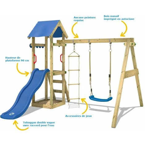WICKEY Aire De Jeux Portique Bois TinyCabin Avec Balançoire Et Toboggan Bleu Maison Enfant Exterieur Avec Bac à Sable, échelle D'escalade & Accessoires De Jeux 2 WICKEY Aire De Jeux Portique Bois TinyCabin Avec Balançoire Et Toboggan Bleu Maison Enfant Exterieur Avec Bac à Sable, échelle D'escalade & Accessoires De Jeux – Image 2