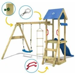 WICKEY Aire De Jeux Portique Bois TinyCabin Avec Balançoire Et Toboggan Bleu Maison Enfant Exterieur Avec Bac à Sable, échelle D'escalade & Accessoires De Jeux 7 WICKEY Aire De Jeux Portique Bois TinyCabin Avec Balançoire Et Toboggan Bleu Maison Enfant Exterieur Avec Bac à Sable, échelle D'escalade & Accessoires De Jeux -Pas Cher Clair Jardin Magasin 6874645 3