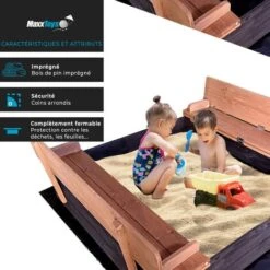 MaxxToys Bac à Sable Verrouillable Avec 2 Bancs Et Toile De Sol, Bois Imprégné, 100 X 95 Cm -Pas Cher Clair Jardin Magasin 72492862 2