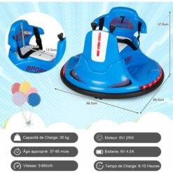 DREAMADE Auto-tamponneuse Électrique Enfant 6 V Avec 2 Modes Conduite, Musique, Ceinture De Sécurité Réglable, Lumières LED, Rotation à 360°, Fonction De Démarrage Lent, Pare-chocs Souple,3 Ans+(Bleu) -Pas Cher Clair Jardin Magasin 74081082 5