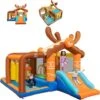 COSTWAY Château Gonflable Avec Toboggan Pour Enfants 3-12 Ans Thème Renne, Aire De Jeux 2 Panier De Basket-Ball Colonne De Boxe, 10 Piquets Pour Cour Pelouse, Charge 120KG (sans Souffleur)
