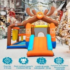 COSTWAY Château Gonflable Avec Toboggan Pour Enfants 3-12 Ans Thème Renne, Aire De Jeux 2 Panier De Basket-Ball Colonne De Boxe, 10 Piquets Pour Cour Pelouse, Charge 120KG (sans Souffleur) -Pas Cher Clair Jardin Magasin 75338928 2
