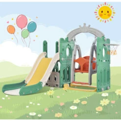 Toboggan Enfant 5 En 1 Intérieur/extérieur Avec échelle, Panier De Basket, Balanoire, Stockage, Balles Non Inclus, Vert, 150 X 157 X 120 Cm