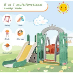 Toboggan Enfant 5 En 1 Intérieur/extérieur Avec échelle, Panier De Basket, Balanoire, Stockage, Balles Non Inclus, Vert, 150 X 157 X 120 Cm -Pas Cher Clair Jardin Magasin 78831544 3