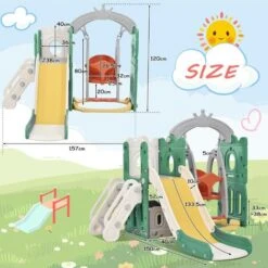 Toboggan Enfant 5 En 1 Intérieur/extérieur Avec échelle, Panier De Basket, Balanoire, Stockage, Balles Non Inclus, Vert, 150 X 157 X 120 Cm -Pas Cher Clair Jardin Magasin 78831544 5