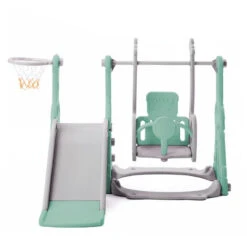 Toboggan Enfants 4 En 1 Extérieur Et Intérieur, Balanoire Avec Portique, Panier De Basketball,Echelle D'Escalade,Vert,140x118x102cm -Pas Cher Clair Jardin Magasin 78831546 4