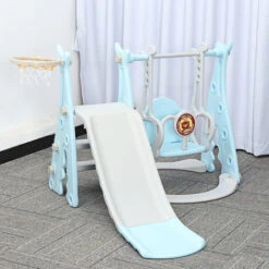 Toboggan Pour Enfants Avec Balançoire, Panier De Basket, Ensemble D'escalade Aire De Jeux 4 En 1 Bleu