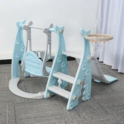 Toboggan Pour Enfants Avec Balançoire, Panier De Basket, Ensemble D'escalade Aire De Jeux 4 En 1 Bleu -Pas Cher Clair Jardin Magasin 78849044 4