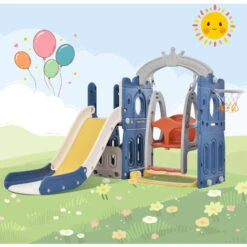 Aire De Jeux Pour Enfants 5 En 1 - Avec Balançoire, Toboggan, Tour D'escalade, Panier De Basket, En HDPE (ballons De Mer Non Inclus) - Bleu - LBF