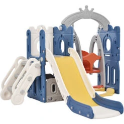 Aire De Jeux Pour Enfants 5 En 1 - Avec Balançoire, Toboggan, Tour D'escalade, Panier De Basket, En HDPE (ballons De Mer Non Inclus) - Bleu - LBF -Pas Cher Clair Jardin Magasin 82126399 3