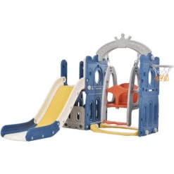 Aire De Jeux Pour Enfants 5 En 1 - Avec Balançoire, Toboggan, Tour D'escalade, Panier De Basket, En HDPE (ballons De Mer Non Inclus) - Bleu - LBF -Pas Cher Clair Jardin Magasin 82126399 4