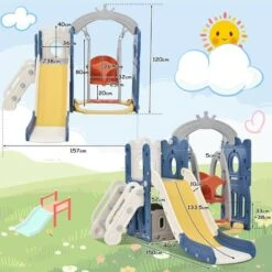Aire De Jeux Pour Enfants 5 En 1 - Avec Balançoire, Toboggan, Tour D'escalade, Panier De Basket, En HDPE (ballons De Mer Non Inclus) - Bleu - LBF -Pas Cher Clair Jardin Magasin 82126399 5