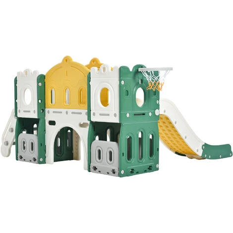Aire De Jeux Pour Enfants 6 En 1 - Avec Panier De Basket, Toboggan, Tour D'escalade, Passerelle, Château - Vert 3 Aire De Jeux Pour Enfants 6 En 1 - Avec Panier De Basket, Toboggan, Tour D'escalade, Passerelle, Château - Vert – Image 3
