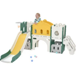 Aire De Jeux Pour Enfants 6 En 1 - Avec Panier De Basket, Toboggan, Tour D'escalade, Passerelle, Château - Vert 8 Aire De Jeux Pour Enfants 6 En 1 - Avec Panier De Basket, Toboggan, Tour D'escalade, Passerelle, Château - Vert -Pas Cher Clair Jardin Magasin 82126400 4