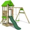 FATMOOSE Aire De Jeux Portique Bois FriendlyFrenzy Avec Balançoire Et Toboggan Maison Enfant Exterieur Avec Bac à Sable, échelle D'escalade & Accessoires De Jeux – Vert
