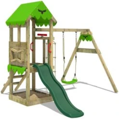FATMOOSE Aire De Jeux Portique Bois FriendlyFrenzy Avec Balançoire Et Toboggan Maison Enfant Exterieur Avec Bac Ă Sable, Ă©chelle D'escalade & Accessoires De Jeux â Vert