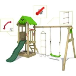 FATMOOSE Aire De Jeux Portique Bois FriendlyFrenzy Avec Balançoire Et Toboggan Maison Enfant Exterieur Avec Bac à Sable, échelle D'escalade & Accessoires De Jeux – Vert -Pas Cher Clair Jardin Magasin 82628963 3