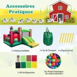 COSTWAY Château Gonflable 6-en-1 356x330x220CM Avec Toboggans Trampoline Panier De Basket Sac De Transport Thème Ferme 3-10 Ans (Sans Souffleur) -Pas Cher Clair Jardin Magasin 83559736 4