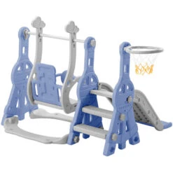 Aire De Jeux 4 En 1 - Convient Pour L'intérieur Et L'extérieur - Avec Balançoire, Panier De Basket, Toboggan, échelle - Bleu - LBF -Pas Cher Clair Jardin Magasin 83807063 3