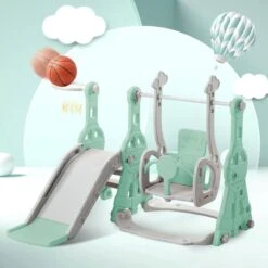 Toboggan Pour Enfants 4 En 1 - Convient Pour L'intérieur Et L'extérieur - Avec Balançoire, Panier De Basket, Toboggan, échelle - Vert