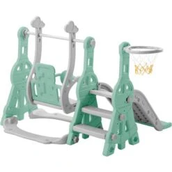 Toboggan Pour Enfants 4 En 1 - Convient Pour L'intérieur Et L'extérieur - Avec Balançoire, Panier De Basket, Toboggan, échelle - Vert -Pas Cher Clair Jardin Magasin 83899165 3