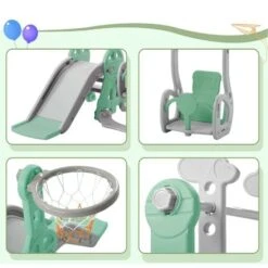 Toboggan Pour Enfants 4 En 1 - Convient Pour L'intérieur Et L'extérieur - Avec Balançoire, Panier De Basket, Toboggan, échelle - Vert -Pas Cher Clair Jardin Magasin 83899165 4