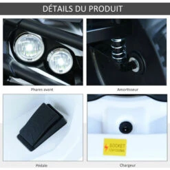 HOMCOM Voiture 4x4 Quad Buggy électrique Enfant 3 à 6 Ans Effets Lumineux Musique V. Max. 3 Km/h Batterie Rechargeable Lecteur MP3 Multifonction Blanc -Pas Cher Clair Jardin Magasin 8482430 5