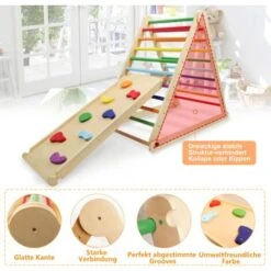 Triangle D'Escalade 3 En 1 Pour Enfants, Échelle D’Escalade En Bois Extensible Pliable Avec Toboggan, Aire De Jeux Intérieur Pour Petits Plus De 3 Ans, Charge 60KG -Pas Cher Clair Jardin Magasin 85581107 2