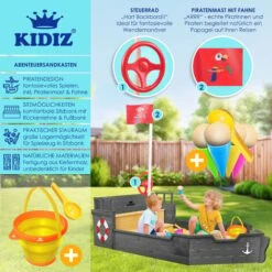 KIDIZ® Bac à Sable Ahoi Bateau Pirate Bateau Voilier En Bois Avec Couvercle, Bâche De Sol, Banc, Mât De Drapeau Grand Bac à Sable Pour Enfants Pour Le Jardin Bac à Sable D’extérieur, Anthracite -Pas Cher Clair Jardin Magasin 86136963 2
