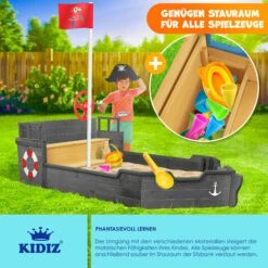 KIDIZ® Bac à Sable Ahoi Bateau Pirate Bateau Voilier En Bois Avec Couvercle, Bâche De Sol, Banc, Mât De Drapeau Grand Bac à Sable Pour Enfants Pour Le Jardin Bac à Sable D’extérieur, Anthracite -Pas Cher Clair Jardin Magasin 86136963 3