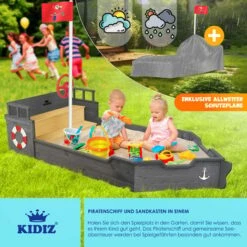 KIDIZ® Bac à Sable Ahoi Bateau Pirate Bateau Voilier En Bois Avec Couvercle, Bâche De Sol, Banc, Mât De Drapeau Grand Bac à Sable Pour Enfants Pour Le Jardin Bac à Sable D’extérieur, Anthracite -Pas Cher Clair Jardin Magasin 86136963 4