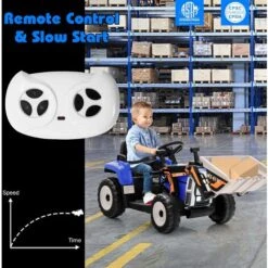 GOPLUS Tractopelle Électrique Enfants 3-8 Ans, Tracteur Électique 12 V Avec Bras Et Godet Réglables, Télécommande 2,4G,lumière LED, Musique,Klaxon, USB, Voiture Electrique Enfants (Bleu) -Pas Cher Clair Jardin Magasin 86722665 3