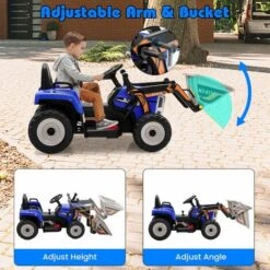 GOPLUS Tractopelle Électrique Enfants 3-8 Ans, Tracteur Électique 12 V Avec Bras Et Godet Réglables, Télécommande 2,4G,lumière LED, Musique,Klaxon, USB, Voiture Electrique Enfants (Bleu) -Pas Cher Clair Jardin Magasin 86722665 4