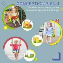 OUTSUNNY Balançoire Siège 3 En 1 évolutif Réglable Enfant - Dossier, Barre En T Amovibles, Ceinture -Pas Cher Clair Jardin Magasin 88507300 4