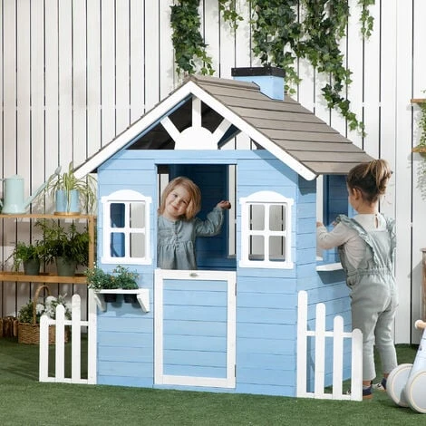 OUTSUNNY Maison De Jeux Enfant - Jeu Plein Air Maisonnette Enfant - Dim. 151L X 112l X 142H Cm - Bois Sapin Bleu Blanc Gris 2 OUTSUNNY Maison De Jeux Enfant - Jeu Plein Air Maisonnette Enfant - Dim. 151L X 112l X 142H Cm - Bois Sapin Bleu Blanc Gris – Image 2