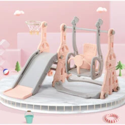 LBF Toboggan Pour Enfants 4 En 1 - Convient Pour L'intérieur Et L'extérieur - Avec Balançoire, Panier De Basket, Toboggan, échelle - Rose
