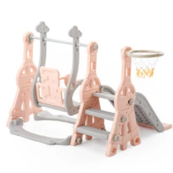 LBF Toboggan Pour Enfants 4 En 1 - Convient Pour L'intérieur Et L'extérieur - Avec Balançoire, Panier De Basket, Toboggan, échelle - Rose -Pas Cher Clair Jardin Magasin 89113103 3