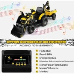 GOPLUS Tracteur Électrique Pour Enfants Avec Remorque, Pelle Et Roues Antidérapantes Excavateur Jouet Avec Télécommande, Volant Directionnel Avec Musique,Lumière Pour Enfant 36-95 Mois (Jaune) -Pas Cher Clair Jardin Magasin 90015027 4