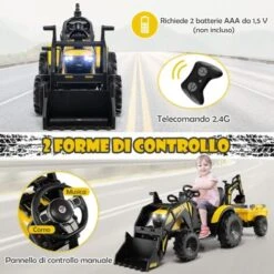 GOPLUS Tracteur Électrique Pour Enfants Avec Remorque, Pelle Et Roues Antidérapantes Excavateur Jouet Avec Télécommande, Volant Directionnel Avec Musique,Lumière Pour Enfant 36-95 Mois (Jaune) -Pas Cher Clair Jardin Magasin 90015027 5