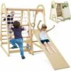 COSTWAY 6 En 1 Aire De Jeux En Bois Enfants Avec Toboggan Réversible, Ensemble De Jeux D’Escalade Portique Avec Tente En Coton, Echelle D’Escalade, Charge 120kg, 115x 108x 127 Cm, 1 An+