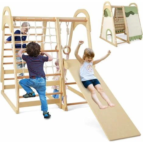 COSTWAY 6 En 1 Aire De Jeux En Bois Enfants Avec Toboggan Réversible, Ensemble De Jeux D’Escalade Portique Avec Tente En Coton, Echelle D’Escalade, Charge 120kg, 115x 108x 127 Cm, 1 An+ 1 COSTWAY 6 En 1 Aire De Jeux En Bois Enfants Avec Toboggan Réversible, Ensemble De Jeux D’Escalade Portique Avec Tente En Coton, Echelle D’Escalade, Charge 120kg, 115x 108x 127 Cm, 1 An+