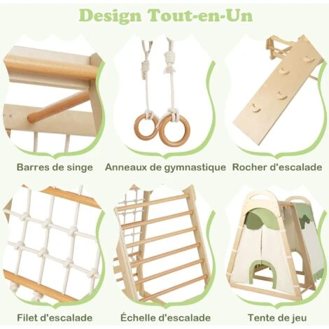 COSTWAY 6 En 1 Aire De Jeux En Bois Enfants Avec Toboggan Réversible, Ensemble De Jeux D’Escalade Portique Avec Tente En Coton, Echelle D’Escalade, Charge 120kg, 115x 108x 127 Cm, 1 An+ 2 COSTWAY 6 En 1 Aire De Jeux En Bois Enfants Avec Toboggan Réversible, Ensemble De Jeux D’Escalade Portique Avec Tente En Coton, Echelle D’Escalade, Charge 120kg, 115x 108x 127 Cm, 1 An+ – Image 2