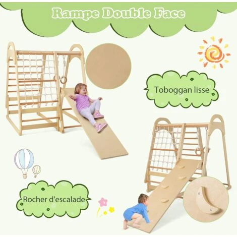 COSTWAY 6 En 1 Aire De Jeux En Bois Enfants Avec Toboggan Réversible, Ensemble De Jeux D’Escalade Portique Avec Tente En Coton, Echelle D’Escalade, Charge 120kg, 115x 108x 127 Cm, 1 An+ 3 COSTWAY 6 En 1 Aire De Jeux En Bois Enfants Avec Toboggan Réversible, Ensemble De Jeux D’Escalade Portique Avec Tente En Coton, Echelle D’Escalade, Charge 120kg, 115x 108x 127 Cm, 1 An+ – Image 3