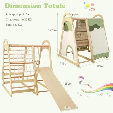 COSTWAY 6 En 1 Aire De Jeux En Bois Enfants Avec Toboggan Réversible, Ensemble De Jeux D’Escalade Portique Avec Tente En Coton, Echelle D’Escalade, Charge 120kg, 115x 108x 127 Cm, 1 An+ 5 COSTWAY 6 En 1 Aire De Jeux En Bois Enfants Avec Toboggan Réversible, Ensemble De Jeux D’Escalade Portique Avec Tente En Coton, Echelle D’Escalade, Charge 120kg, 115x 108x 127 Cm, 1 An+ – Image 5